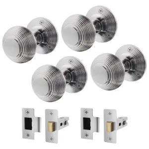 AFIT Beehive Door Knob Set Satin Chrome - 2 Pairs of Reeded Mortice Knobs (55mm) & Latch (76mm) for Internal Doors