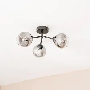 ValueLights Aria Black Metal 3 Way Ceiling Light Fitting with Smoked Glass Lampshades