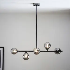 Multi Arm Hanging Ceiling Pendant Light - Black Chrome Plate & Smoked Mirror Glass Shade - 5 x 3W LED G9