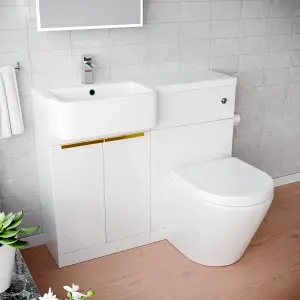 Nes Home Left Home Basin Vanity Unit, Brushed Brass Handles, WC Unit & Rimless Toilet