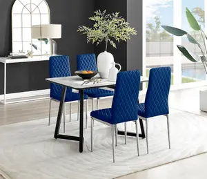 Furniturebox UK Carson White Marble Effect Dining Table & 4 Navy Velvet Milan Chairs