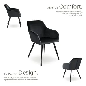 Chair Marilyn - with armrests, padded, velvet look, black steel legs - black