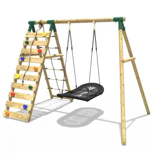 Rebo Wooden Swing Set with Up and Over Climbing Wall - Eden Green