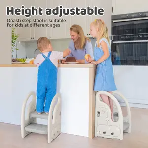 Adjustable 2 Step Stool, Grey&White Kitchen Standing Tower