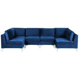 6 Seater U-Shaped Modular Velvet Sofa Blue EVJA