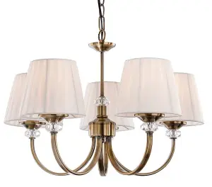 Luminosa Langham 5 Light Multi Arm Chandelier Antique Brass, Pleated Cream Shades, E14