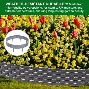 Flexible Grey Rattan Effect Lawn Edging 2.4m - Flexible Plastic Garden Border Easy Install Edging for Grass, Gravel and Landscape