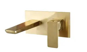 Rhodos Wall  Mounted Brushed Brass Basin / Bath  Mixer Tap