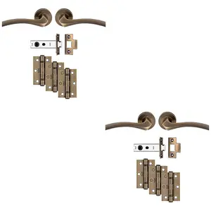 2 PACK - Premium Door Handle & Latch Pack Set- Antique Brass Curved Square Lever Round Rose