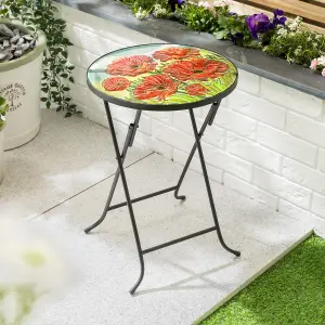 Folding Glass Table Garden Outdoor Patio Decoration Painted Round Top Christow Poppy