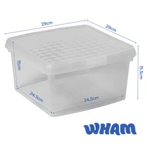 Wham Clip 5x 9L Square Plastic Storage Boxes with Secure Clip Lock Lids. L:29 x W:29 x H:15.5cm Clear/Clear/Clear