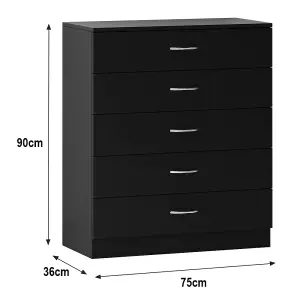 SunDaze Chest of Drawers Bedroom Furniture Bedside Cabinet with Handle 5 Drawer Black 75x36x90cm