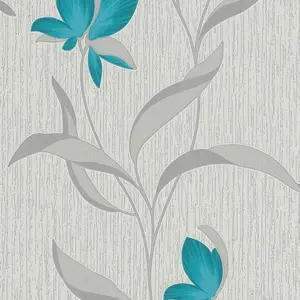 Flower Wallpaper Floral Textured Glitter White Teal Silver Vinyl Erismann