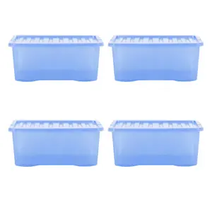 Wham Crystal Sparkle 4x 45L Plastic Storage Boxes with Lids Tint Sparkle Blue. Medium Size, Strong (Pack of 4, 45 Litre)