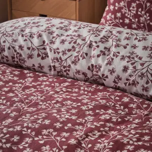 Catherine Lansfield Brushed Grace Floral Leaf Cotton Reversible Duvet Cover Set with Pillowcases Red