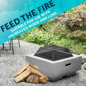 Square MgO Fire Pit with BBQ Grill, Safety Mesh Screen and Fire Poker - Light Grey - DG192