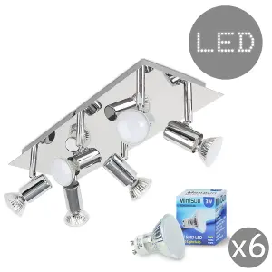 ValueLights Consul Silver Ceiling Bar Spotlight Includes 6 x GU10 LED Warm White 3000K Bulbs