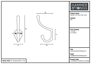 Hammer & Tongs - Narrow Hat & Coat Hook - W25mm x H80mm - Brass