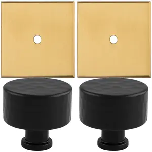 2 PACK - Cabinet Door Knob & Contrasting Backplate Set - Hammered Kitchen Pull - Matt Black & Satin Brass