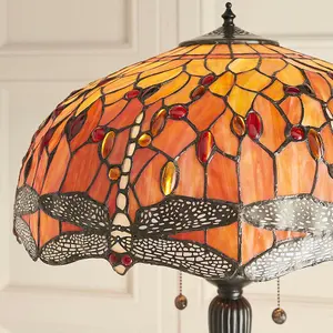 1.5m Tiffany Twin Floor Lamp Dark Bronze & Dragonfly Stained Glass Shade i00014