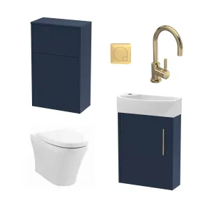 Power Cloakroom Bundle - Right Wall Hung Vanity Unit, Concealed Cistern WC Unit, Toilet & Tap, 440mm - Blue/Brass - Balterley