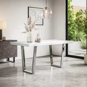 Aria Dining Table And Chairs - White Marble Effect Top w Chrome Legs + 6 Monza Faux Leather Dining Chairs w Chrome Legs (Black)