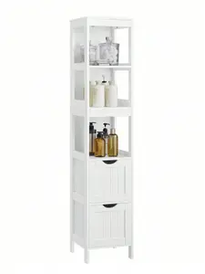 VASAGLE Tall Bathroom Cabinet With Feet And Slim Column With 2 Drawers And 3 Open Compartments, 30 X 30 X 141.5 Cm, White