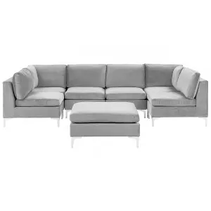 6 Seater U-Shaped Modular Velvet Sofa with Ottoman Grey EVJA