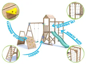 Dunster House Wooden Climbing Frame with Swing, Climbing Wall, Monkey Bars, Cargo Net & Slide BalconyFort Low Platform