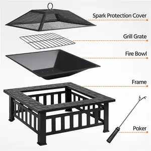 Yaheetech Outdoor Square Fire Pit with Cover and Poker Black