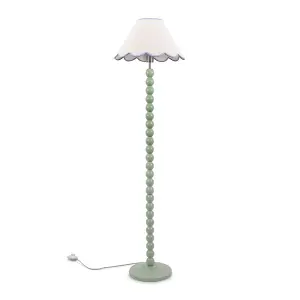 ValueLights Bobbles Sage Green Bobbin Floor Lamp with Blue Trim Scallop Shade - LED Bulb Included