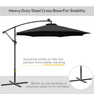 Outsunny 3(m) LED Patio Banana Umbrella Cantilever Parasol w/ Crank, Black