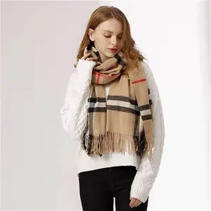 (Beige) Men Ladies Women Classic Checked Tartan Print Plain Tassel Scarf Burberry Style