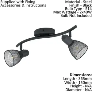 Flush Ceiling 2 Spot Light Colour Black Wave Bracket Mesh Look Shade E14 2x40W