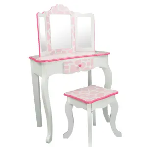 Teamson Kids Dressing Table, Play Vanity Set with Mirror & Stool - Pink/White/Giraffe Print