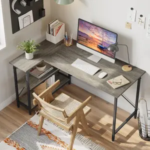 L-Shaped Desk (120 or 140cm x 90cm) Corner Desk with Adjustable Shelves by Aliff Grey / 74cm H x 140cm W x 90cm D