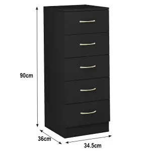 SunDaze Chest of Drawers Bedroom Furniture Bedside Cabinet with Handle 5 Tall Narrow Drawer Black 34.5x36x90cm