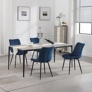 Set Of 4 Dining Room Chairs Kitchen Chair Cushioned Chair Design Chair With Backrests With Fabric Seat And Metal Frame Blue