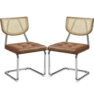 Yaheetech 2PCS Retro Brown Dining Chairs with Mesh Rattan Back