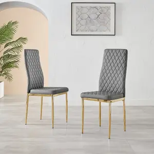 Set of 6 Milan Elephant Grey High Back Soft Touch Diamond Pattern Faux Leather Golden Chrome Metal Leg Dining Chairs