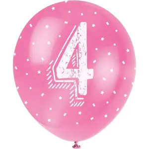 Unique Party Latex Pearlised 4th Birthday Balloons (Pack of 5) Pink/White (One Size)