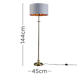 ValueLights Belmont Traditional Style Antique Brass Sconce Floor Lamp with Grey/Gold Drum Shade - Includes 6w LED Bulb 3000K