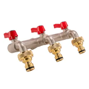 triple outlet garden tap splitter/manifold in nickel plated brass,universal hose connection,1/2" bsp inlet thread