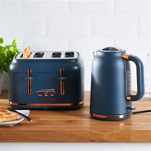 Dunelm Matt Navy Copper Kettle And Toaster Set, Blue/Brown, Stainless Steel