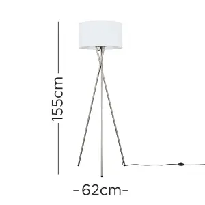 ValueLights Camden Modern Brushed Chrome Metal Tripod Floor Lamp with White Cylinder Shade - Includes 6w LED Bulb 3000K Warm White