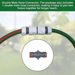 Heavy-Duty Metal Garden Hose Hanger Set with 8-Pattern Spray Gun & Double Male Hose Connector - Rustproof Wall-Mounted Storage.