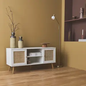 sweeek. 120cm TV stand with wooden and cane effect Boheme White 120x39x56.5 cm