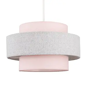 ValueLights Weaver Cylinder Ceiling Pendant Light Shade In Pink and Grey Herringbone Finish