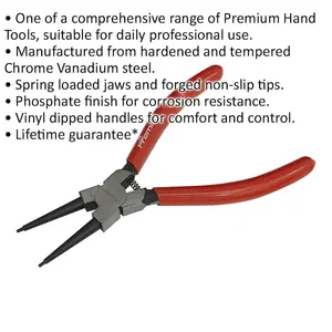 140mm Straight Nose Internal Circlip Pliers with Spring-Loaded Jaws and Non-Slip Grip