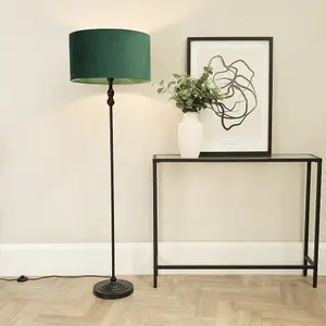 ValueLights Maggie Black Metal Candlestick Floor Lamp with Forest Green Velvet Lamp Shade and LED Bulb